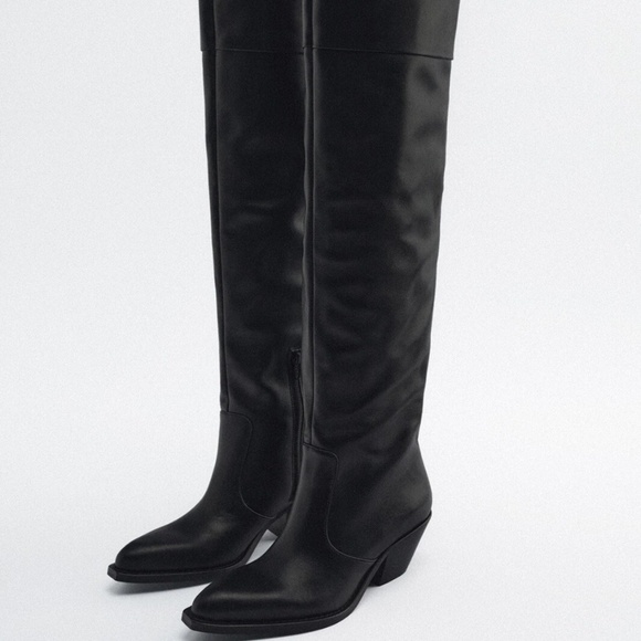 ZARA LEATHER COWBOY BOOT - - Picture 1 of 5